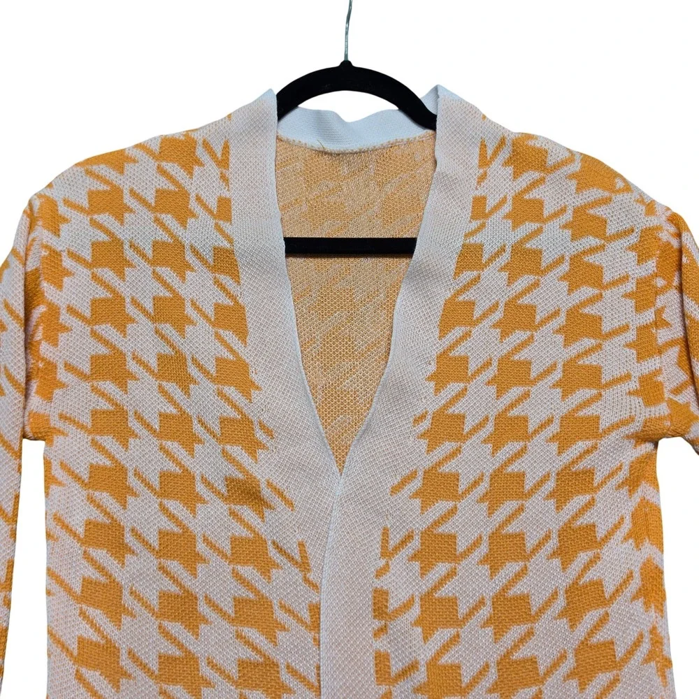 Cardigan Womens Small Orange Houndstooth Longline Open Front
